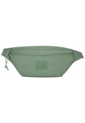 Pouch din material textil verde, cu o textură netedă, închisă cu fermoar și cu un logo minimal. Design subțire, cu bretele reglabile pentru versatilitate la purtare.