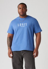 Mėlyna medvilnės marškinėliai su trumpomis rankovėmis, priekyje su baltu logotipu "LEVI'S the original". Minkšta medžiaga, laisvas sijonas.