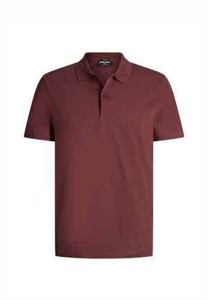 Dunkelrotes Herren-Poloshirt mit kurzen Ärmeln, einem Kragen und einer Knopfleiste mit zwei Knöpfen, gefertigt aus einem weich strukturierten Stoff.