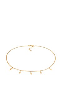 Guldtonet choker-halssmykke med en delikat kæde, prydet med fem små lyn-vedhæng jævnt fordelt langs sin længde. Justerbar lås.