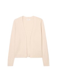 Cardigan beige clair, design à ouverture à l'avant, manches longues, poignets et ourlet côtelés, texture de tissu douce, style minimaliste.