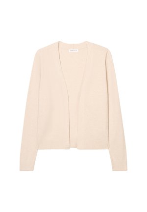 Cardigan beige clair, design à ouverture à l'avant, manches longues, poignets et ourlet côtelés, texture de tissu douce, style minimaliste.