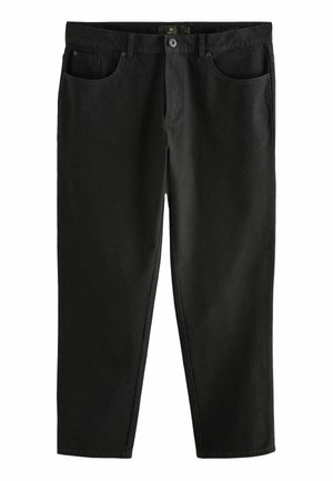 Schwarze, gerade geschnittene Jeans mit Knopfverschluss, Gürtelschlaufen sowie Taschen vorne und hinten, flach auf einem weißen Hintergrund ausgelegt.