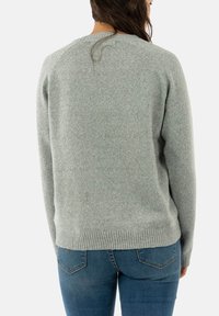 Svetlo sivi pulover iz mehkega, teksturiranega pletenja. Ima okroglo izreza in rebrast rob, prikazan zadaj s prilegajočimi se rokavi.