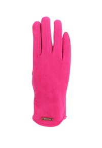 Guanti rosa realizzati in un materiale morbido con una superficie liscia, dotati di tre sezioni per le dita e di un piccolo tag con il logo "FASHION".