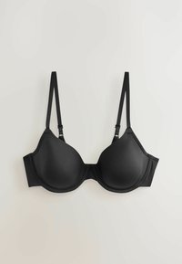 Zwarte beugelbh met gladde, gevoerde cups, verstelbare bandjes en zijkanten voor extra ondersteuning. Gemaakt van zacht, rekbaar materiaal.