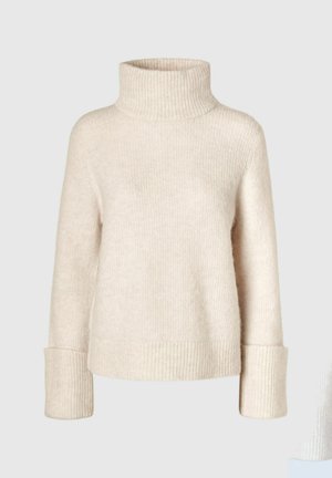 Kremfarget halsen sweater med ribbestruktur, løs passform og brede mansjetter. Mykt materiale med lett glans; minimalistisk design.