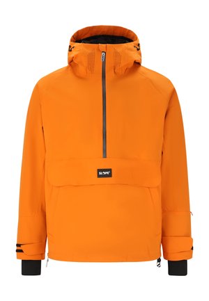 Orangene wasserdichte Jacke mit hohem Kragen, Reißverschluss vorne, verstellbarer Kapuze und Fronttasche. Mit schwarzen Details an den Bündchen und am Saum.