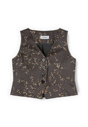 Veste sans manches marron foncé avec motif floral beige et quatre boutons noirs au centre devant, étiquetée « motivi » à l'intérieur de l'encolure.