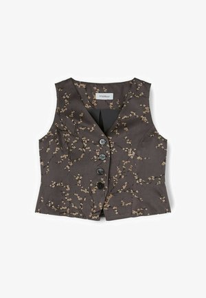 Veste sans manches marron foncé avec motif floral beige et quatre boutons noirs au centre devant, étiquetée « motivi » à l'intérieur de l'encolure.