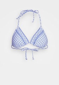 Világoskék és fehér kockás mintázatú, háromszög alakú bikini felső. Állítható kötőkkel és finom csipkés szegéllyel rendelkezik.