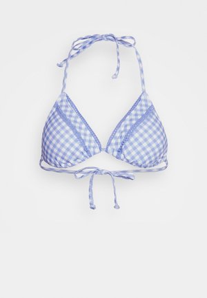 Triangular kujundusega bikiinitoop helesinise ja valge ruudulise mustriga. Omab reguleeritavaid sidekesi ja õrnalt pitsilisi äärmisi.