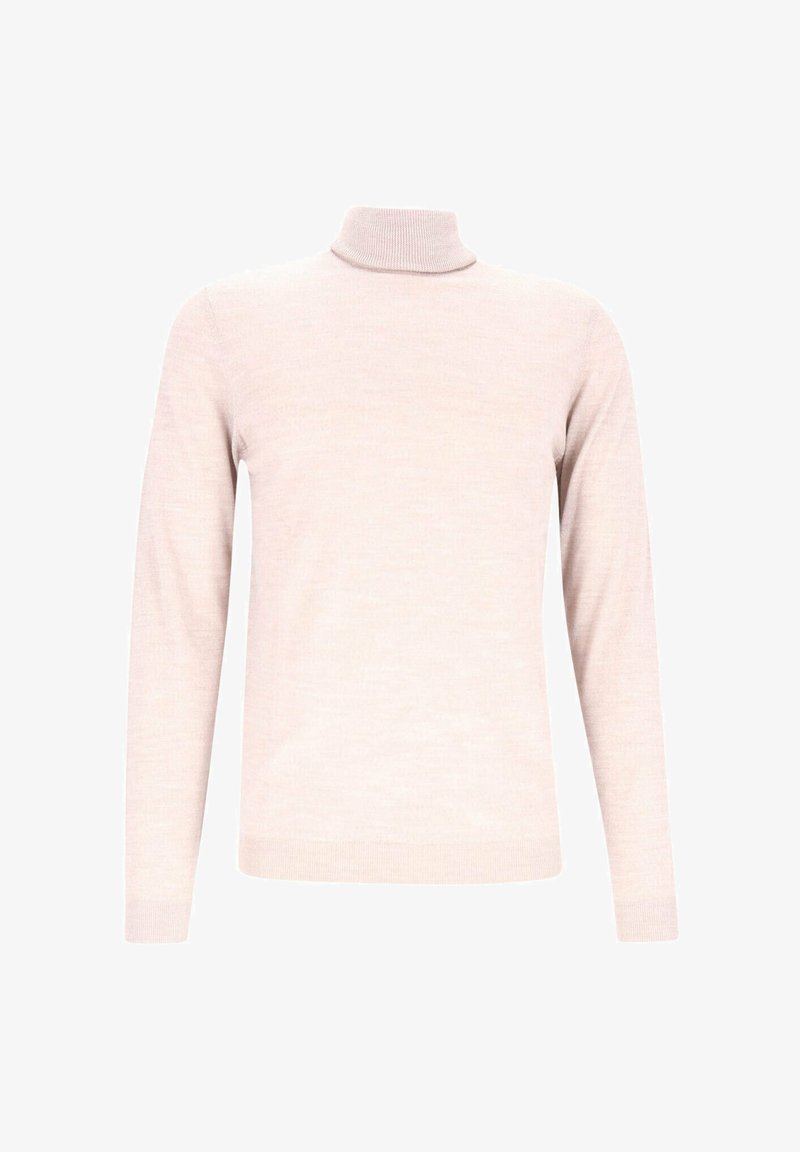 Hellrosa langärmliger Rollkragenpullover mit gerippten Bündchen und Saum, auf weißem Hintergrund dargestellt.