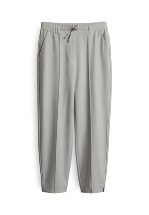 Lichtgrijze, op maat gemaakte broek met een zachte textuur, elastische tailleband en trekkoord. Voorzien van twee steekzakken en tapered pijpen.