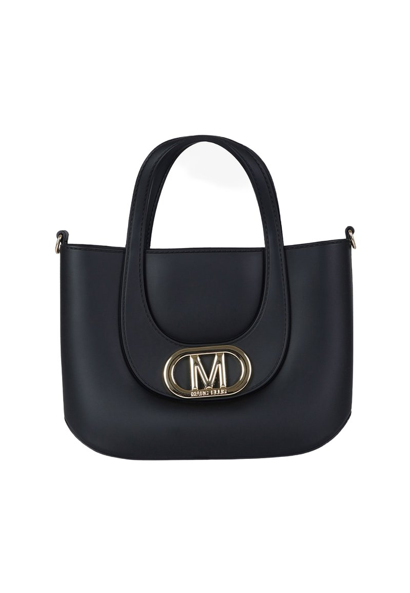 Borsa a mano in pelle nera con forma arrotondata, doppi manici e un grande logo ovale dorato sulla parte frontale. Texture liscia e design minimalista.