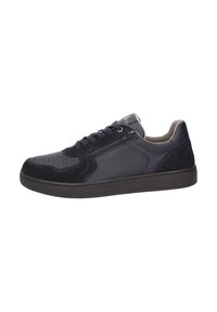 Dunkelblaue Sneaker aus einer Mischung aus glattem Leder und Wildleder. Mit perforierter Zehenpartie, kontrastierenden Nähten und seitlichem Reißverschluss. Schwarze Gummisohle.