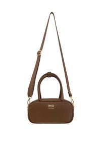 Borsa a mano in pelle marrone con manico superiore e tracolla regolabile. Caratterizzata da una forma rettangolare e hardware in tonalità oro con logo.