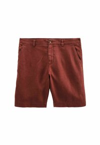 Shorts en coton bordeaux avec une taille plate, deux poches latérales et une poche arrière unique, dotés d'une fermeture à bouton et à glissière.