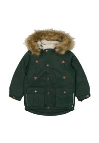 Zelená parka s kapucňou z umelého kožucha, béžovými akcentmi, zaručujúcimi zapínanie na patentky a prednými vreckami. Má mäkkú vnútornú podšívku a vodoodpudivý materiál.
