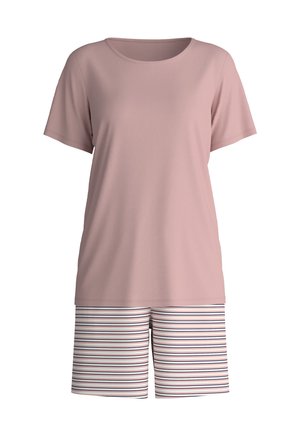 Lichtroze T-shirt met korte mouwen en een ronde hals, gecombineerd met gestreepte shorts in wit, marineblauw en bordeaux, gemaakt van zachte, ademende stof.