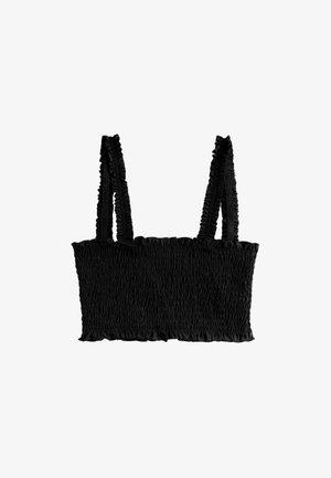 Haut caraco court noir froncé avec bretelles larges à volants et ourlet à volants, fabriqué en tissu extensible.