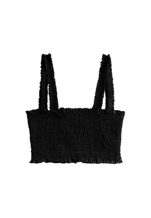 Zwarte geplooide cropped camisetetop met brede gerimpelde bandjes en een gerimpelde zoom, gemaakt van rekbare stof.