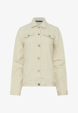 Giacca di denim color crema con maniche lunghe, chiusura frontale con bottoni, due tasche con patta sul petto e colletto classico.