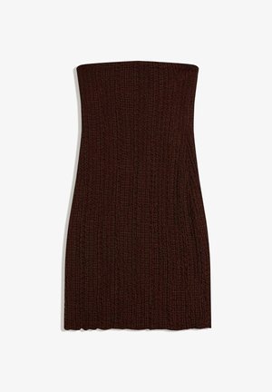 Tamnosmeđa, mini haljina bez naramenica, rebraste pletenine s oblikovanom siluetom i suptilnim teksturiranim uzorkom.