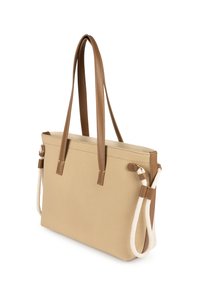 Borsa tote in tela beige con manici e dettagli in pelle marrone. Presenta una forma rettangolare e dettagli in corda sul lato.