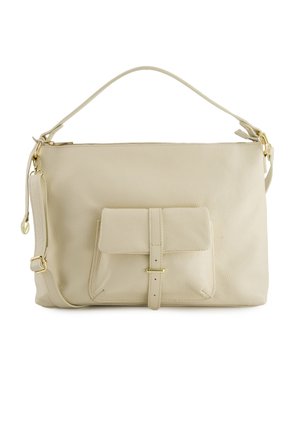 Beige læderhåndtaske med top håndtag, forflap-lomme med rem og guldfarvet hardware, samt aftagelig skulderrem.