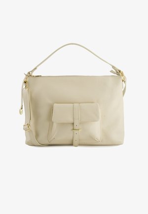 Beige læderhåndtaske med top håndtag, forflap-lomme med rem og guldfarvet hardware, samt aftagelig skulderrem.