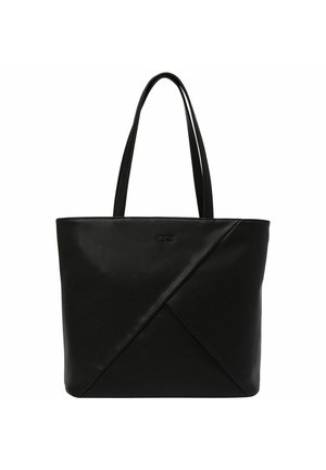 Sac cabas en cuir noir avec de longues anses et un motif diagonal cousu sur le devant, affichant un petit logo de marque en métal.