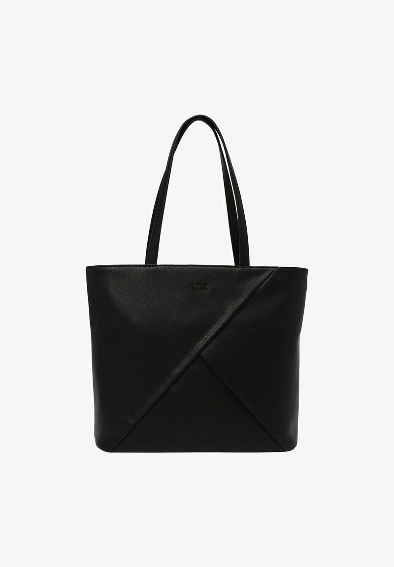 Sac cabas en cuir noir avec de longues anses et un motif diagonal cousu sur le devant, affichant un petit logo de marque en métal.
