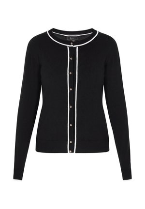 Schwarze Strickjacke mit rundem Ausschnitt, weißem Besatz entlang der Öffnung und den Ärmeln sowie goldfarbenen Knöpfen auf der Vorderseite. Weicher, strukturierter Stoff.