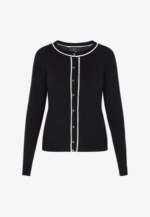 Zwarte cardigan met een ronde halslijn, witte rand langs de opening en mouwen, en goudkleurige knopen aan de voorkant. Zachte, gestructureerde stof.