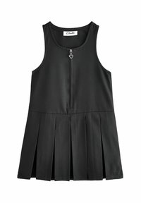 Robe noire sans manches avec une fermeture éclair à l'avant et un tirette en forme de cœur. Présente une jupe plissée et un tissu texturé. Le logo apparaît à l'ourlet.