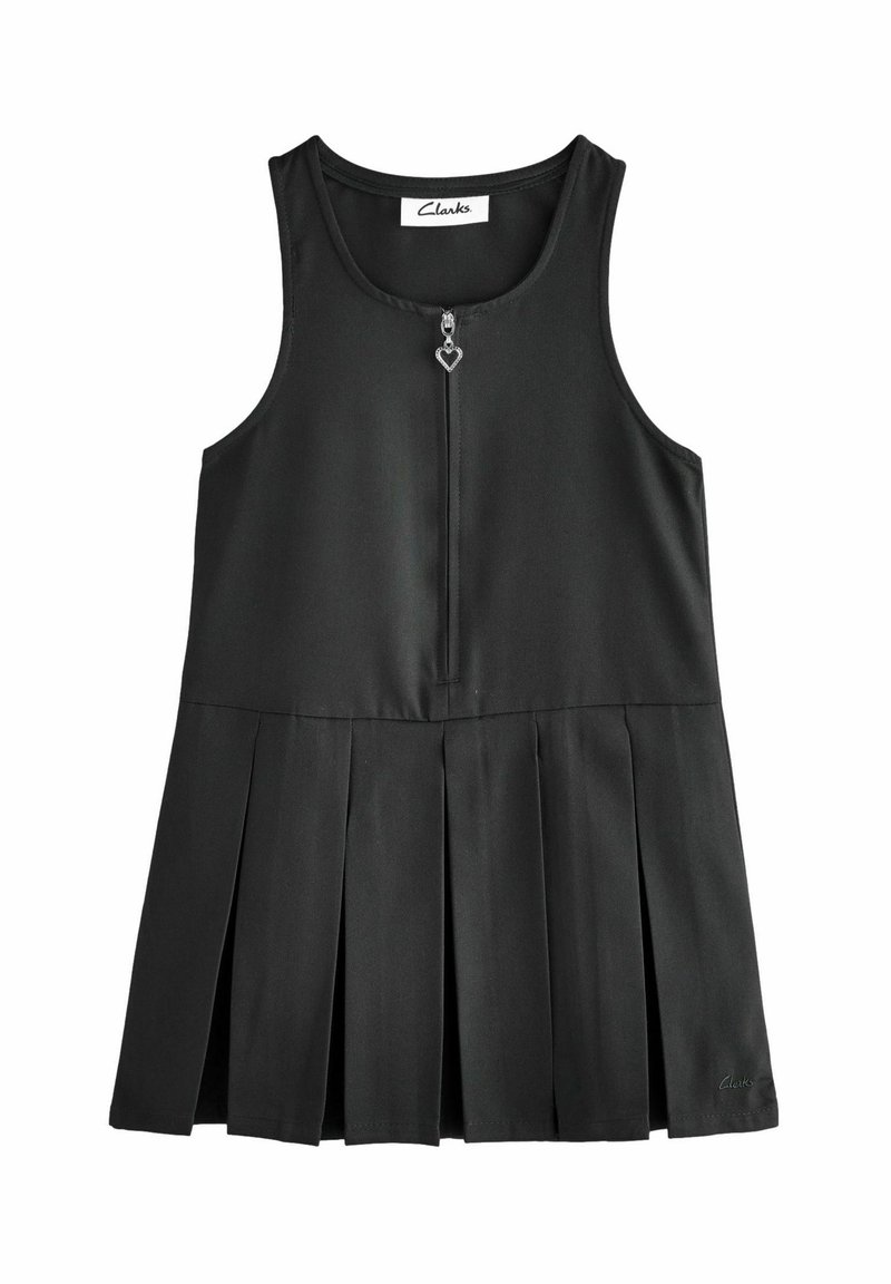 Robe noire sans manches avec une fermeture éclair à l'avant et un tirette en forme de cœur. Présente une jupe plissée et un tissu texturé. Le logo apparaît à l'ourlet.