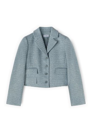 Afkortet lyseblå tweedjakke med lange ærmer, hak-krave, fire knapper foran og to forlommer med klap.