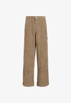 Wide-leg pants in light brown corduroy, featuring large front pockets and a buttoned waistband with a subtle texture throughout.
