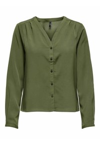 Olive green blouse made of smooth fabric, featuring a V-neck, long sleeves, button closure, and subtle shoulder pleats.
