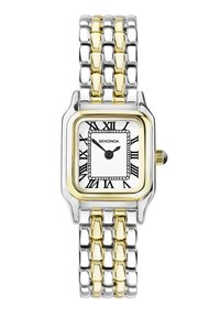 Montre rectangulaire en métal argenté et doré avec un cadran texturé blanc et des chiffres romains noirs. Comprend une couronne et un bracelet à maillons bicolore.