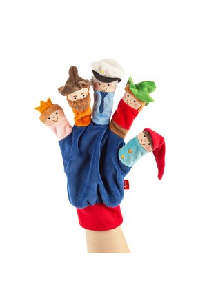 Guanto per marionette da dito realizzato in tessuto morbido; presenta cinque personaggi colorati con cappelli distintivi e dettagli facciali; design rosso e blu.