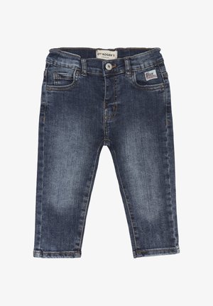 Jeans in denim per bambini di colore blu scuro con una texture liscia, cinque tasche e leggera scoloritura sulle gambe; dotati di chiusura con bottone e zip.