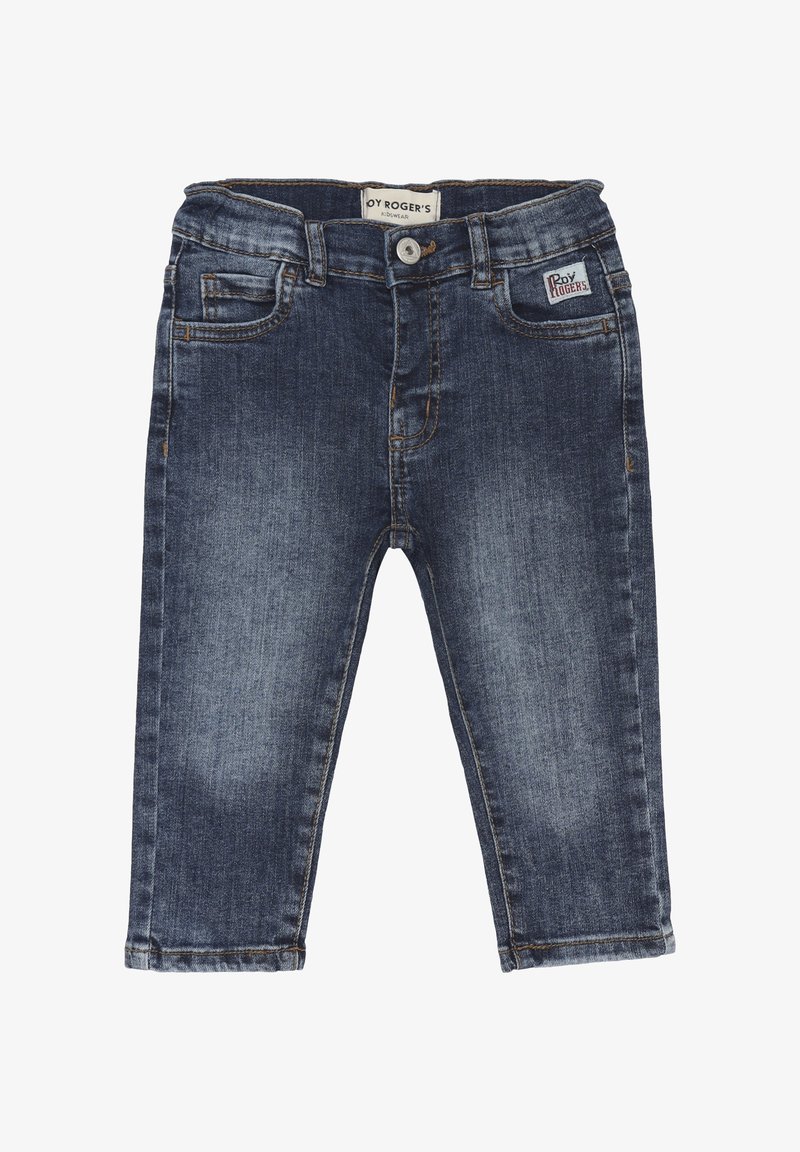 Jeans in denim per bambini di colore blu scuro con una texture liscia, cinque tasche e leggera scoloritura sulle gambe; dotati di chiusura con bottone e zip.