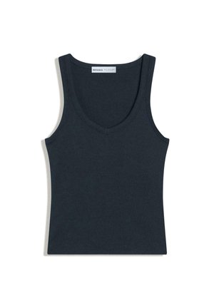 Débardeur noir côtelé sans manches avec un col en V, étiqueté Bershka, posé à plat sur un fond blanc.