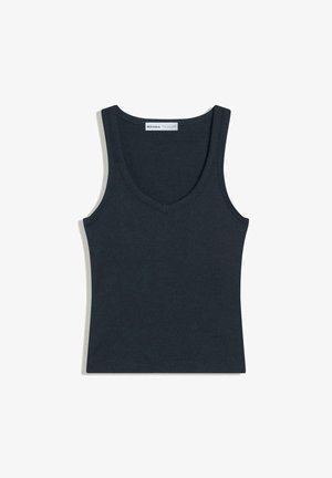 Débardeur noir côtelé sans manches avec un col en V, étiqueté Bershka, posé à plat sur un fond blanc.