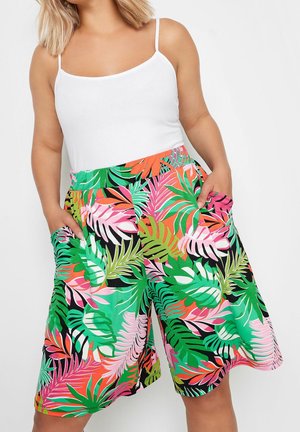 Colorful tropical print shorts in green, pink, and orange with an elastic waistband and side pockets. Light, breathable material.
