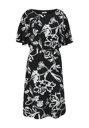 Zwarte jurk met wit bloemenpatroon, korte vlindermouwen, ronde halslijn en een A-lijn silhouet. Gemaakt van lichtgewicht stof.