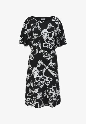 Zwarte jurk met wit bloemenpatroon, korte vlindermouwen, ronde halslijn en een A-lijn silhouet. Gemaakt van lichtgewicht stof.
