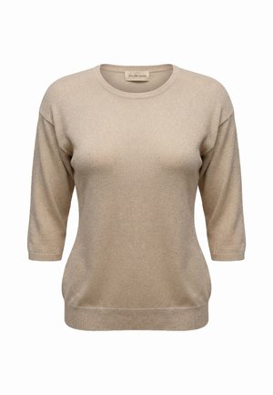 Maglione beige in maglia a maniche corte con scollo rotondo e orlo a costine aderente, esposto su sfondo bianco.